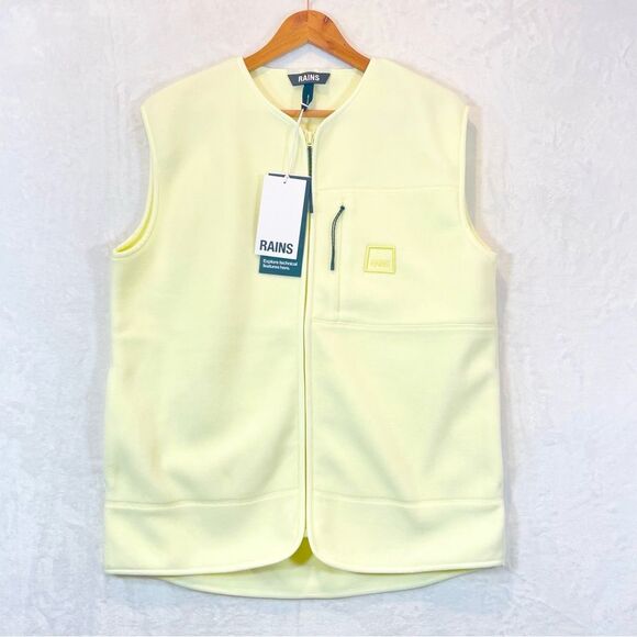 Rains Fleece Vest Straw Yellow Sleeveless Pockets Jacket Liner NWT NEW Medium - Picture 2 of 16